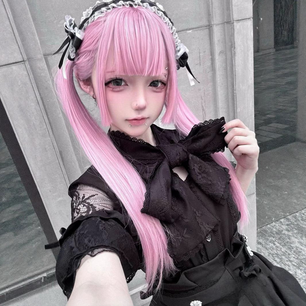 【可扎双马尾】星程假发樱花粉lolita甜妹jk齐刘海cos长直发全头