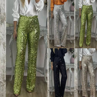 Cross-border 2024 European and American spring and summer new party sequined flared pants INS casual slim stretch multi-color flared pants