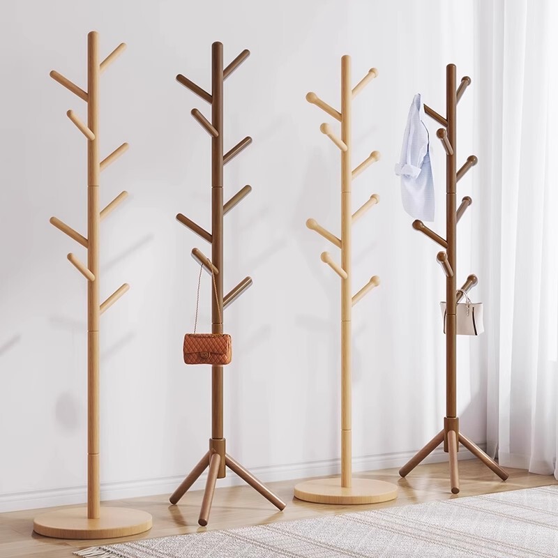 Solid Wood Clothes Rack, Floor-Standing Coat Rack, Bedroom Household Clothes Hanger, Simple Vertical Beech Wood Clothes Rod, Indoor Bag Rack