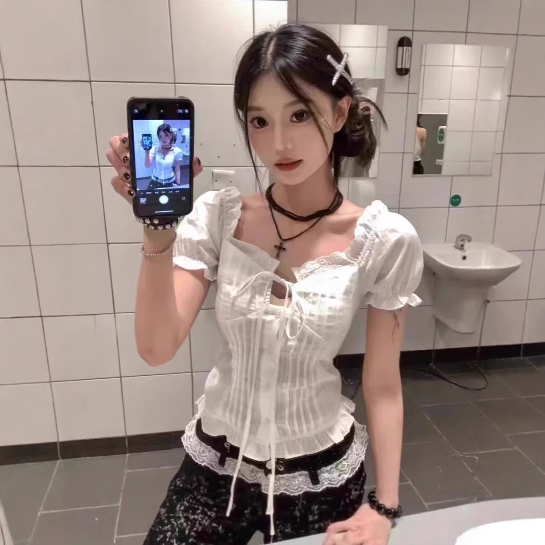 Korean Style Bow Lace Short-Sleeved Shirt for Women Summer Pure Lust Style Slimming Look Puff Sleeve Shirt Top