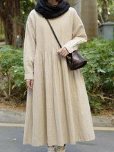 日本潮牌 重工风琴褶棉麻  圆领套头长袖连衣裙 3色