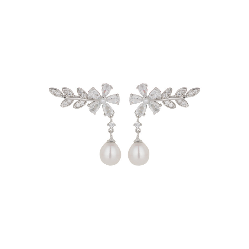 Pendientes de perlas de agua dulce de plata esterlina 925 pendientes de mujer luz de lujo de alto grado nicho diseño zircon pendientes de flores pendientes