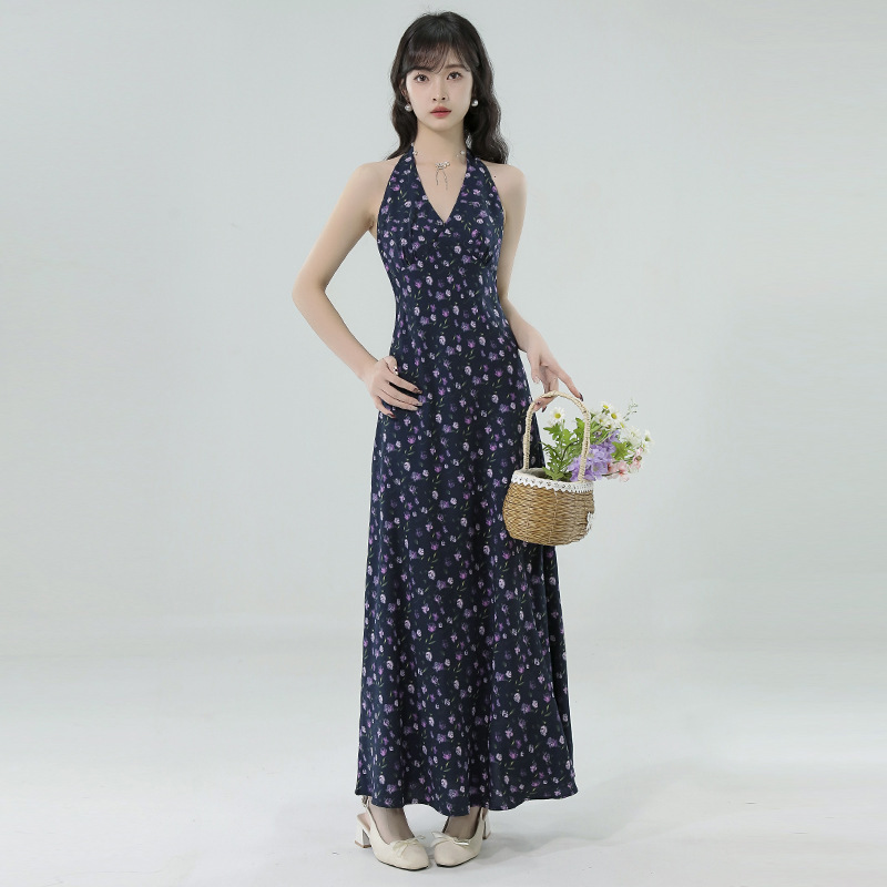 Blue Floral Halterneck Dress for Women, Summer French Retro Style, Particularly Beautiful, Cinched Waist, Backless, Long Dress for Seaside Vacation