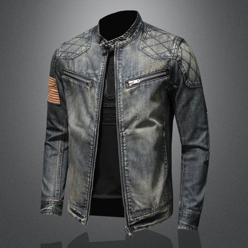 2026 Spring and Autumn Retro Denim Jacket Men's Trendy Brand European and American Street Style Motorcycle Workwear Stand Collar Youth Jacket