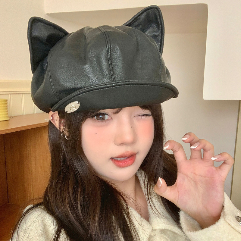 猫耳朵八角帽女日系复古秋冬帽子可爱百搭贝雷帽显脸小pu画家帽|undefined