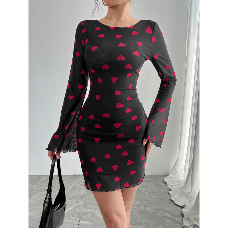 European and American Cross-Border Independent Station 2025 New Autumn and Winter Women's Heart Print Bell Sleeve Backless Mesh Dress