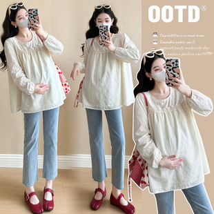 Pregnant Women's Shirt 2025 Spring New Pregnant Women's Korean-style Embroidered Lace Stitching Sweet Age-reducing Doll Shirt Top
