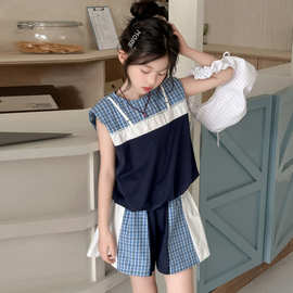 女童韩版夏装套装2026新款洋气中大童拼接格子两件套女孩夏季衣服