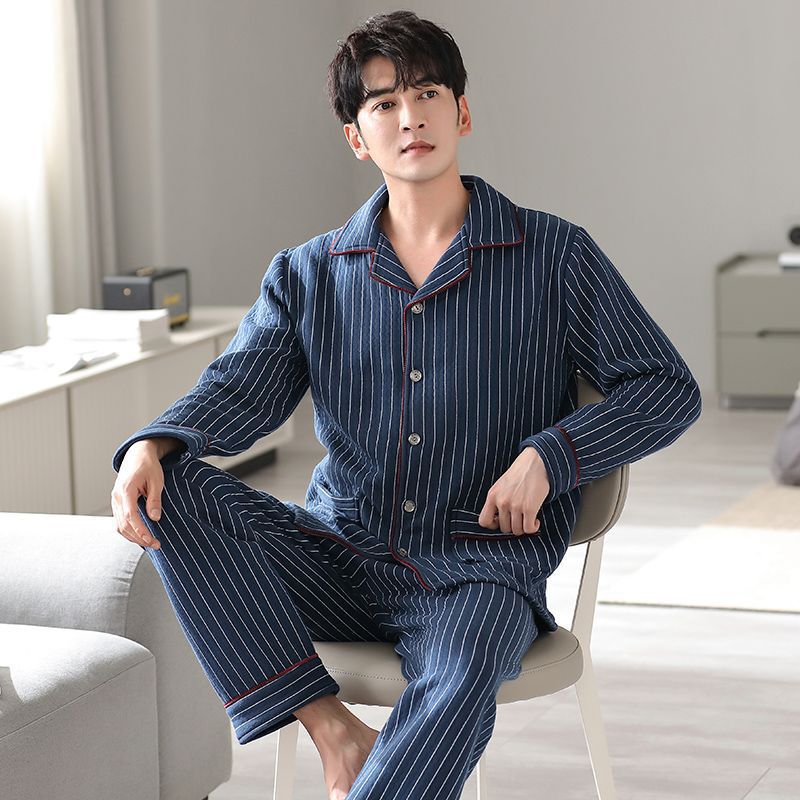 Pijamas de algodón laminado para hombres otoño y invierno engrosado delgado algodón intercalado de gran tamaño ropa doméstica de invierno aire algodón conjunto de primavera y otoño