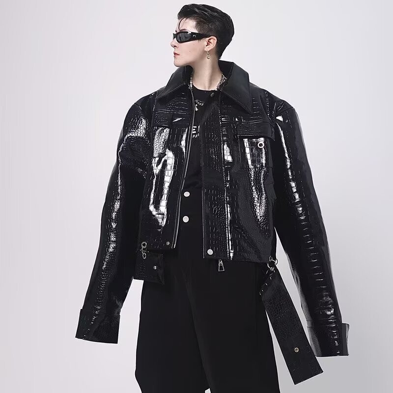 American High Street Crocodile Pattern Leather Jacket for Men in Autum New High-End Loose Pu Leather Short Shoulder Pad Jacket for Men American High Street Crocodile Pattern Leather Jacket for Men in Autum New High-End Loose Pu Leather Short Shoulder Pad Jacket for Men