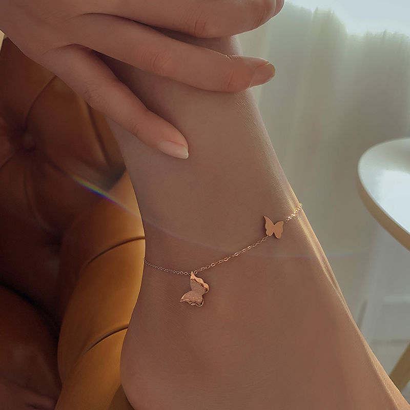 韓版钛鋼腳鏈2021新款簡約網紅冷淡風森系玫瑰金鈴铛蝴蝶腳飾飾品