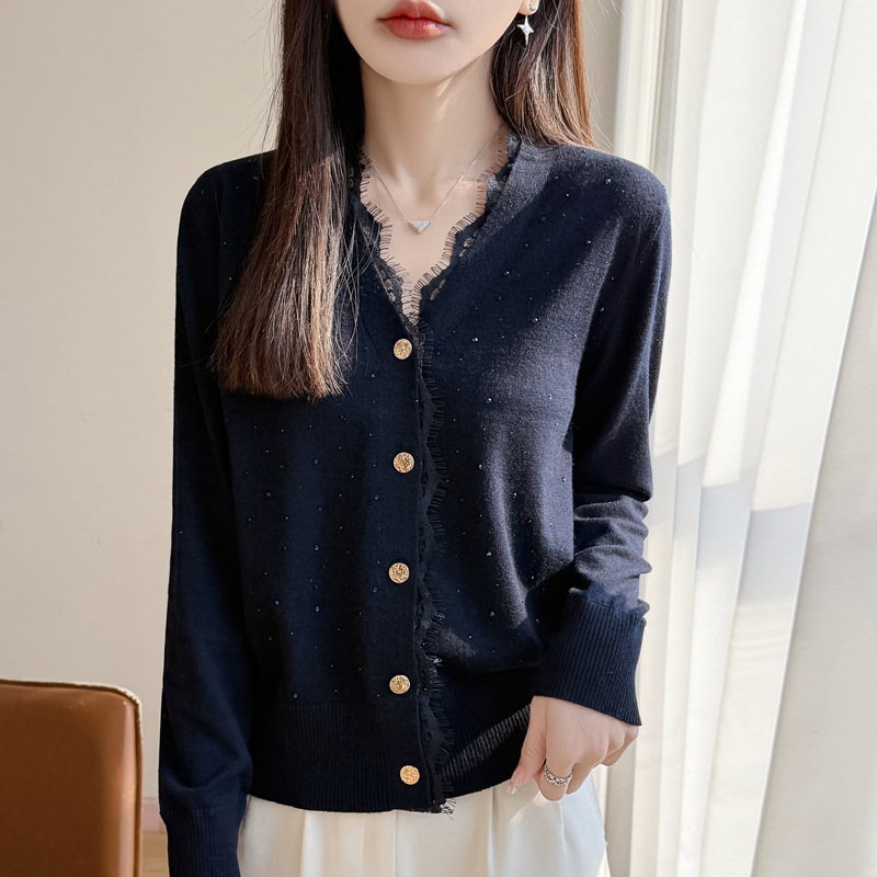 Sequin Lace V-Neck Fine Wool Knit Cardigan for Women, 2026 Spring/Summer New Style, Versatile Solid Color Jacket Sequin Lace V-Neck Fine Wool Knit Cardigan for Women, 2026 Spring/Summer New Style, Versatile Solid Color Jacket