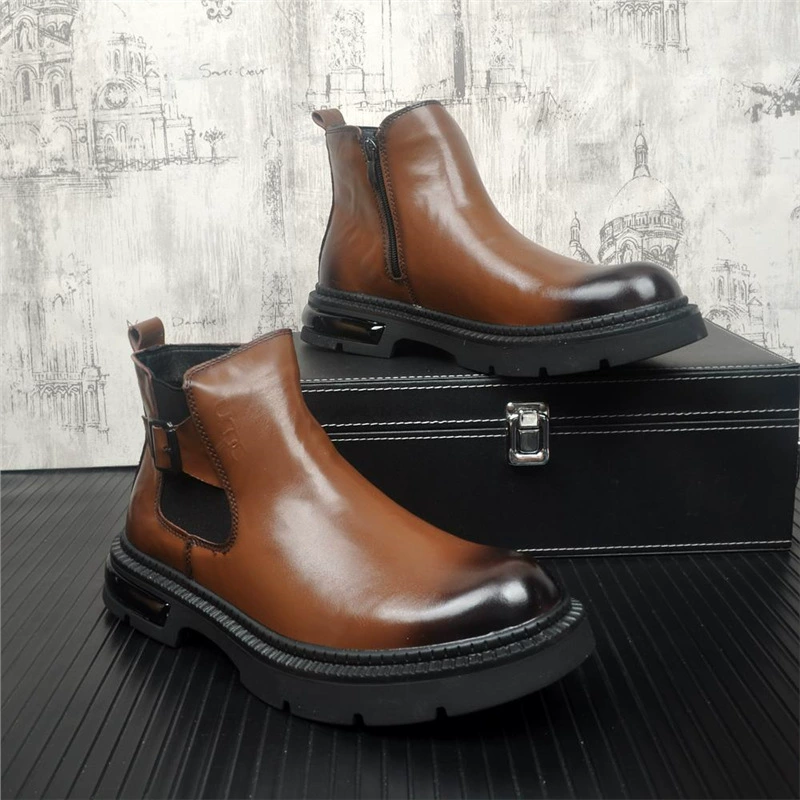 Английский стиль увеличивает короткие сапоги Челси коричневый винтажный модный костюм модные сапоги рукав мужских сапог высокие кожаные сапоги