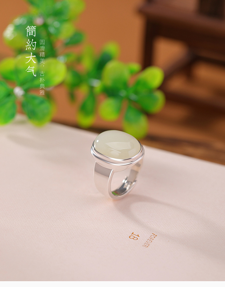 Nhẫn bạc S925 đính ngọc bích trắng Hòa Điền mặt trứng đơn giản phong cách sang trọng — Mở một size chi tiết 2