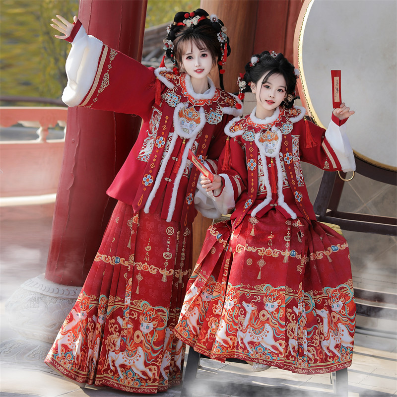 2025 New Winter Mother-Daughter Matching Outfits, Hanfu Mamian Skirt, Thickened Children's New Year Clothing, Winter Fleece Hanfu