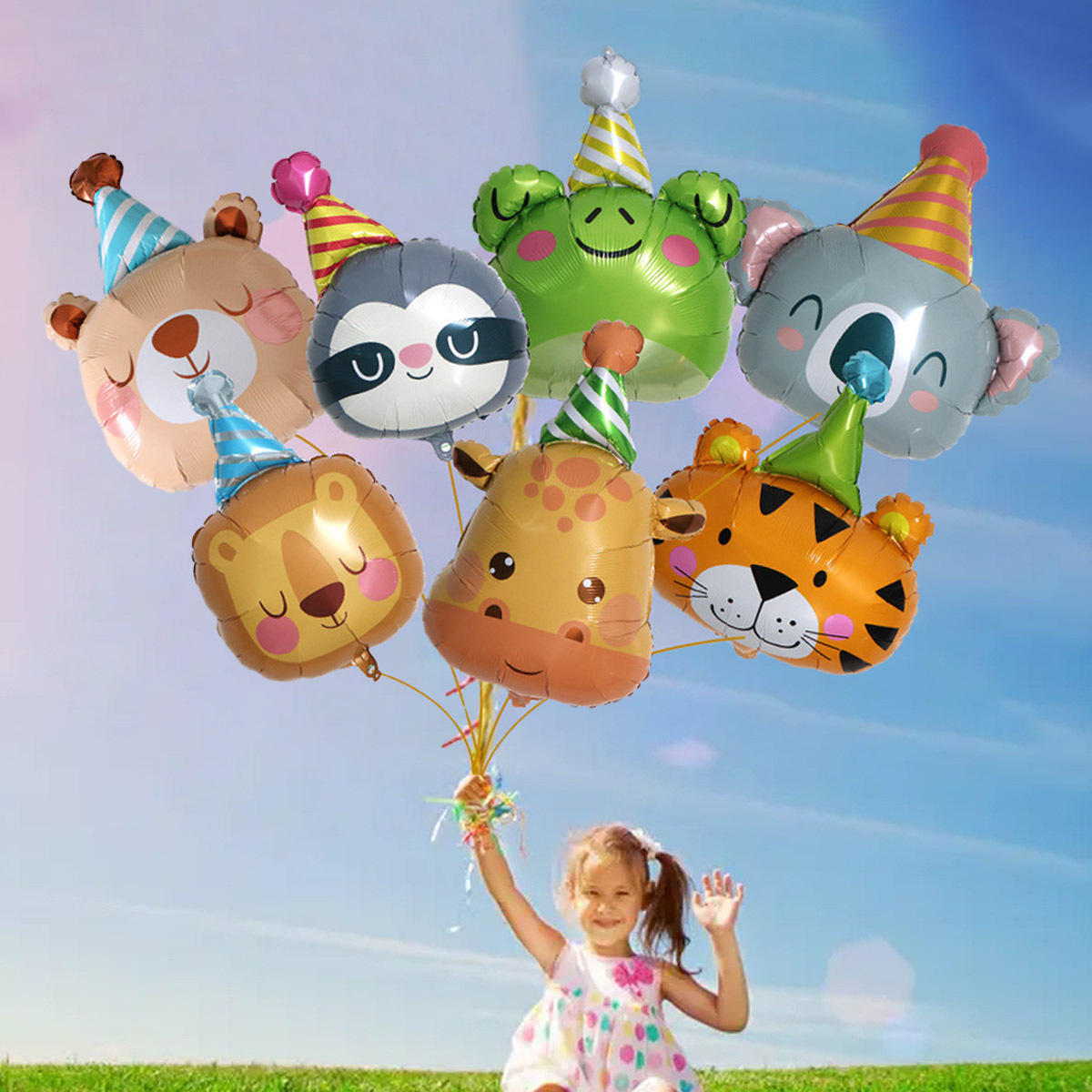 Globos de aluminio de gorros de cumpleaños (jirafa, tigre, oso, rana, perezoso)