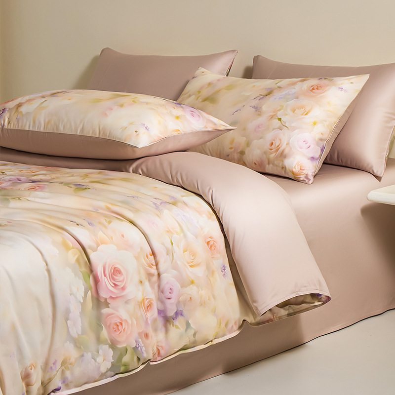 Cama de algodón de alta sensación de 100 piezas de algodón largo, cuatro piezas de sábanas de algodón, colchón de cama, tres piezas de cama