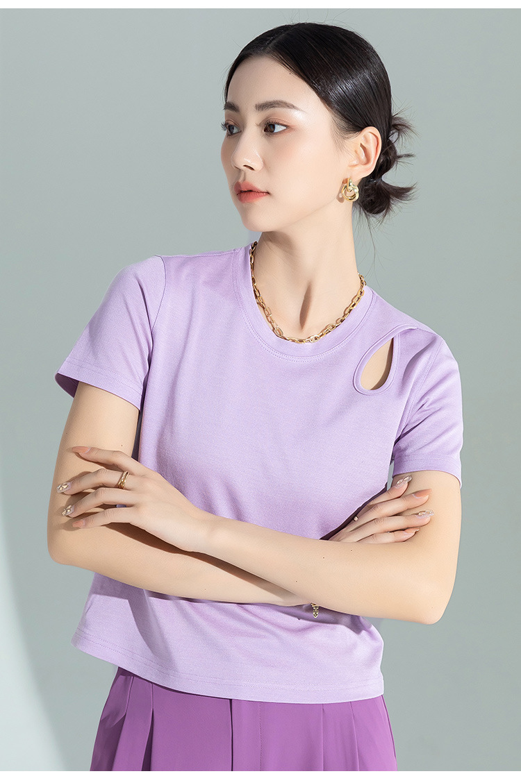 Áo thun nữ tay ngắn thiết kế khoét vai, chất liệu dệt kim acetate Tencel ôm dáng — Màu tím chi tiết 7