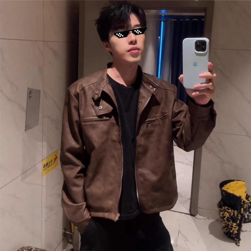 American Retro Casual Distressed Design Brown Motorcycle Leather Jacket Niche Design Trendy Stand Collar Jacket American Retro Casual Distressed Design Brown Motorcycle Leather Jacket Niche Design Trendy Stand Collar Jacket
