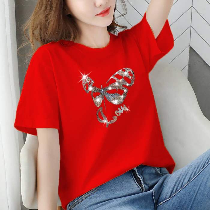 888 # プラスサイズの女性の夏の新しい韓国スタイルのスリムなTシャツ、女性用、ゆったり、多用途、ファッショナブルなダイヤモンドがちりばめられた半袖トップス、トレンディです。|undefined
