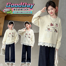 女童春秋款韩版休闲毛衣套装2025新款女大童秋装上衣牛仔裤两件套