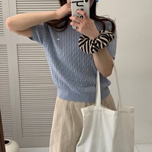 韩系甜美减龄麻花针织衫女春夏薄款正肩圆领短袖毛衣T恤宽松上衣
