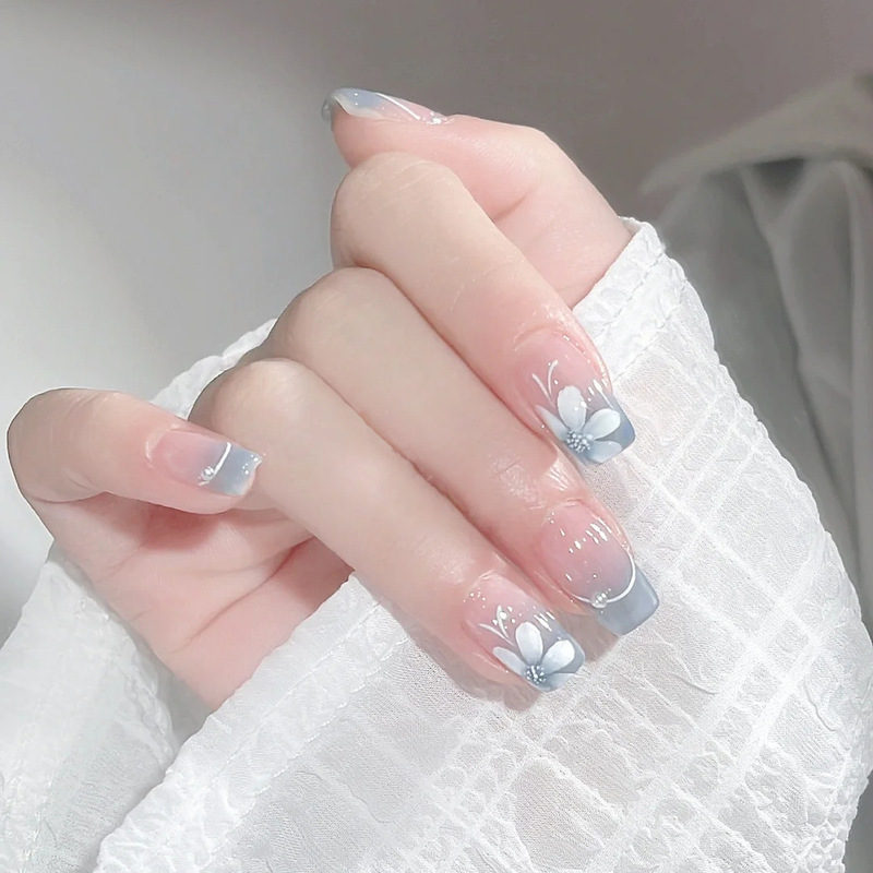 French Blue Gradient White Flower Pearl Wearing Nail Sticker Finished Gentle White Removable Fake Nail Sheet