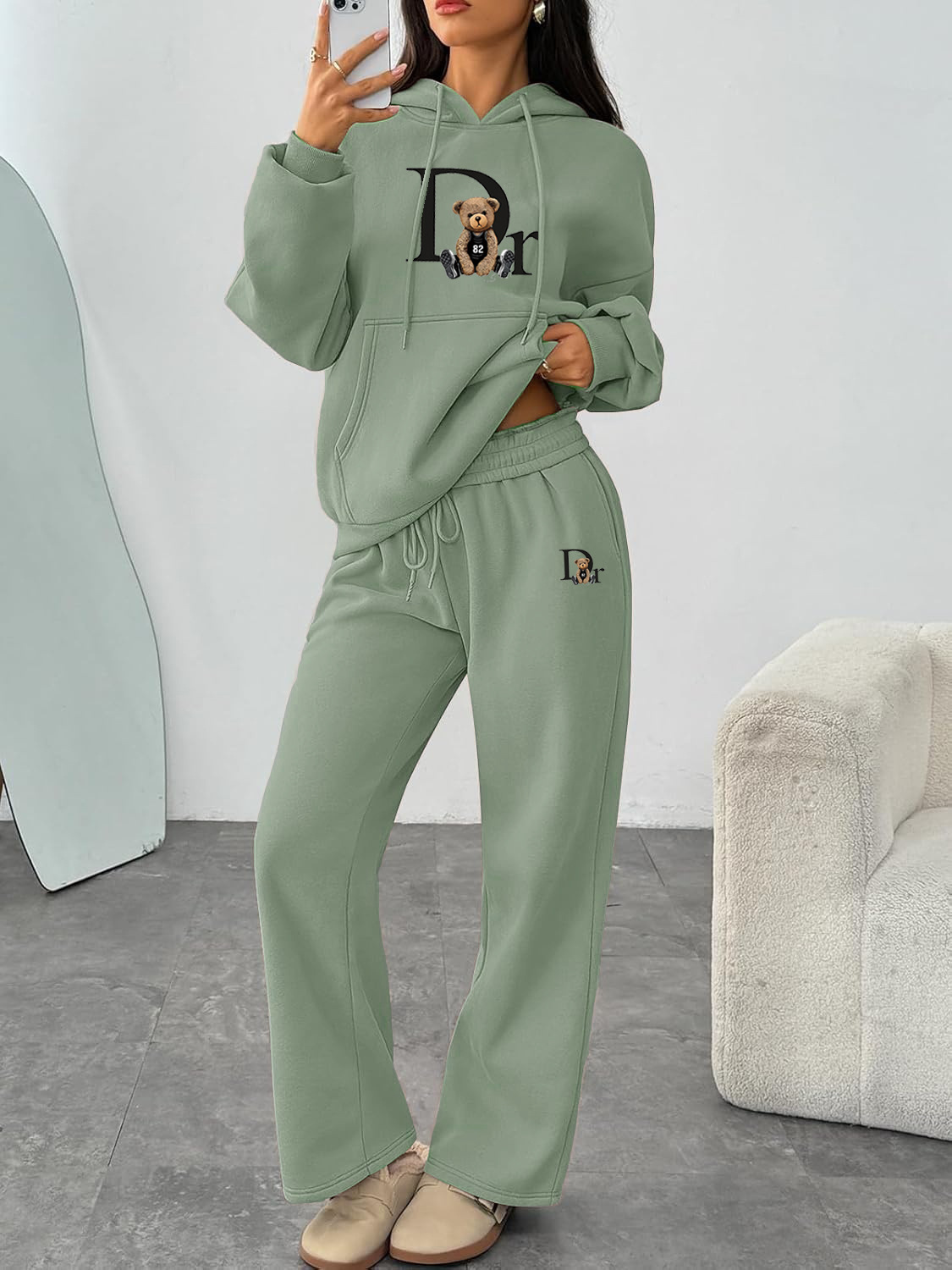 Conjunto de sudadera con capucha y pantalones de pierna ancha y rectos, con estampado de letras, de otoño e invierno, de comercio electrónico transfronterizo_voghion.com
