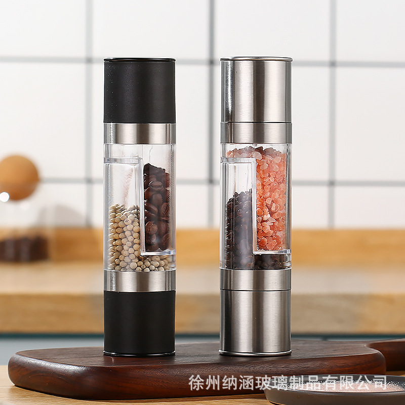 批发双头研磨器海盐黑胡椒粉碾碎器手动不锈钢家用玻璃磨粉瓶