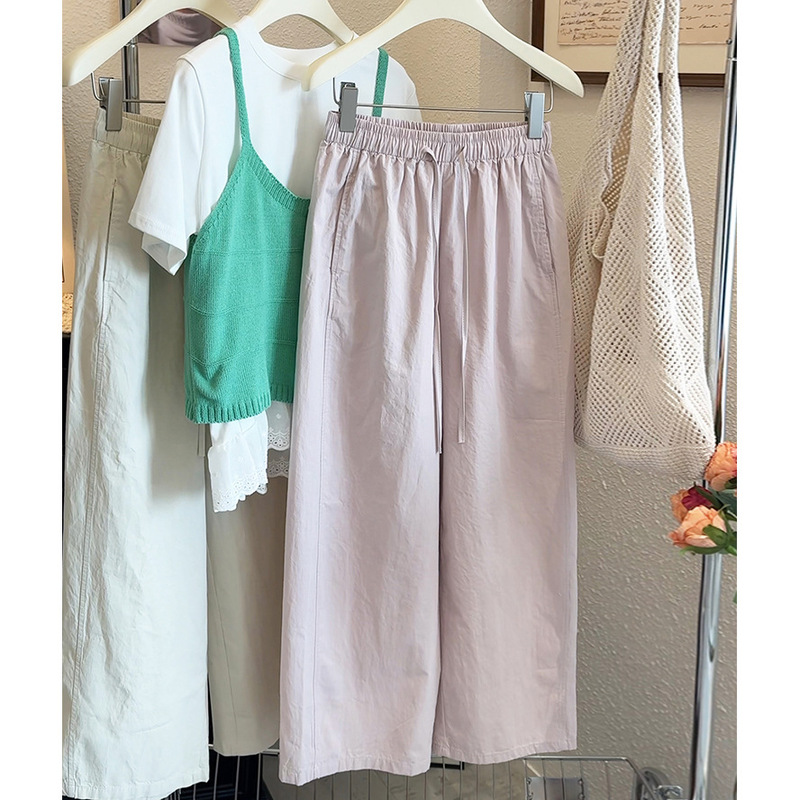 Super Skin-Friendly Washed Cotton ~ New Summer Style Japanese Style Style Artistic Elastic Waist Drawstring Casual Wide Leg Pants Loose Nine-Point Pants