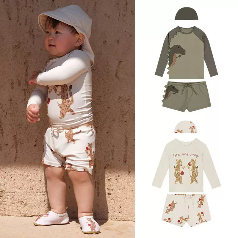 2026丹麦夏季新款儿童泳装恐龙豹子印花宝宝游泳衣男童速干泳衣