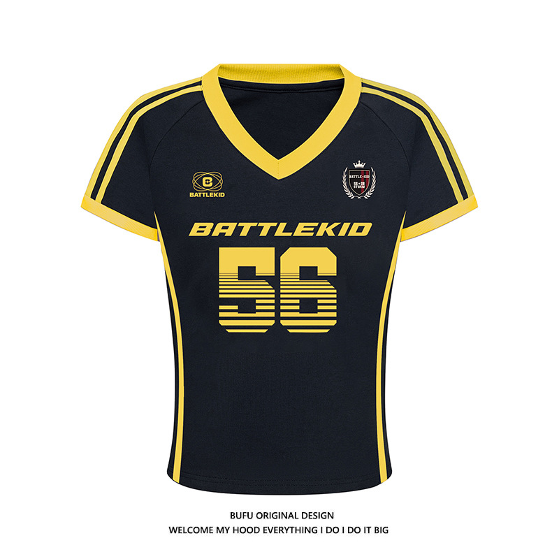 億少年 BUFU レトロホットガール V ネックコントラストジャージ半袖 Tシャツ女性の夏のスポーツ痩身トップ