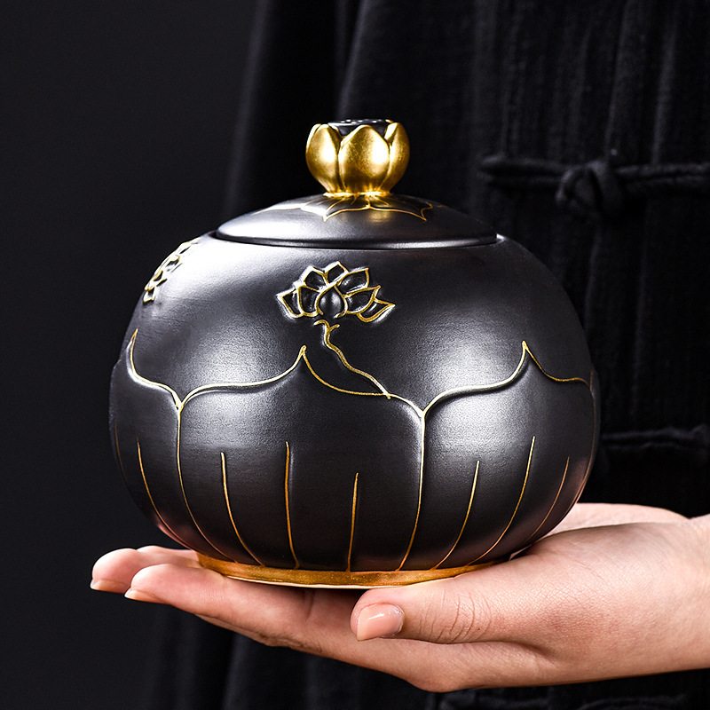 Black Ceramic Tea Canister with Gold Decoration | Household Ceramic Sealed Jar | Large Storage Container | Creative Tea Table Decorations