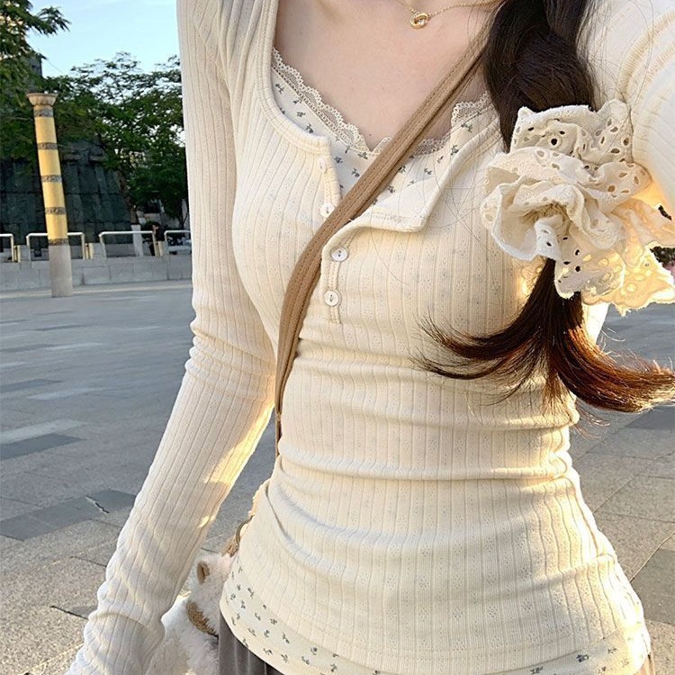 纯欲风蕾丝花边T恤女装早秋假两件bm碎花打底衫内搭女秋冬上衣服