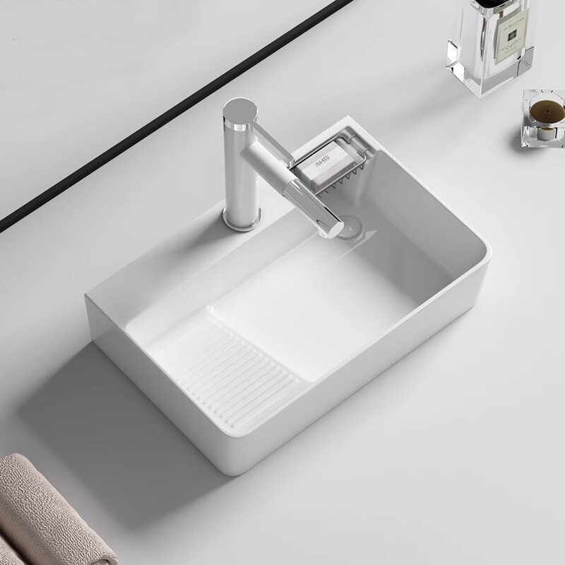 洗濯板付きシンプルセラミックカウンタートップ洗面器、バルコニー洗濯洗面器、家庭用カウンタートップ洗面器、左右側排水洗面器、シングル洗面器|undefined