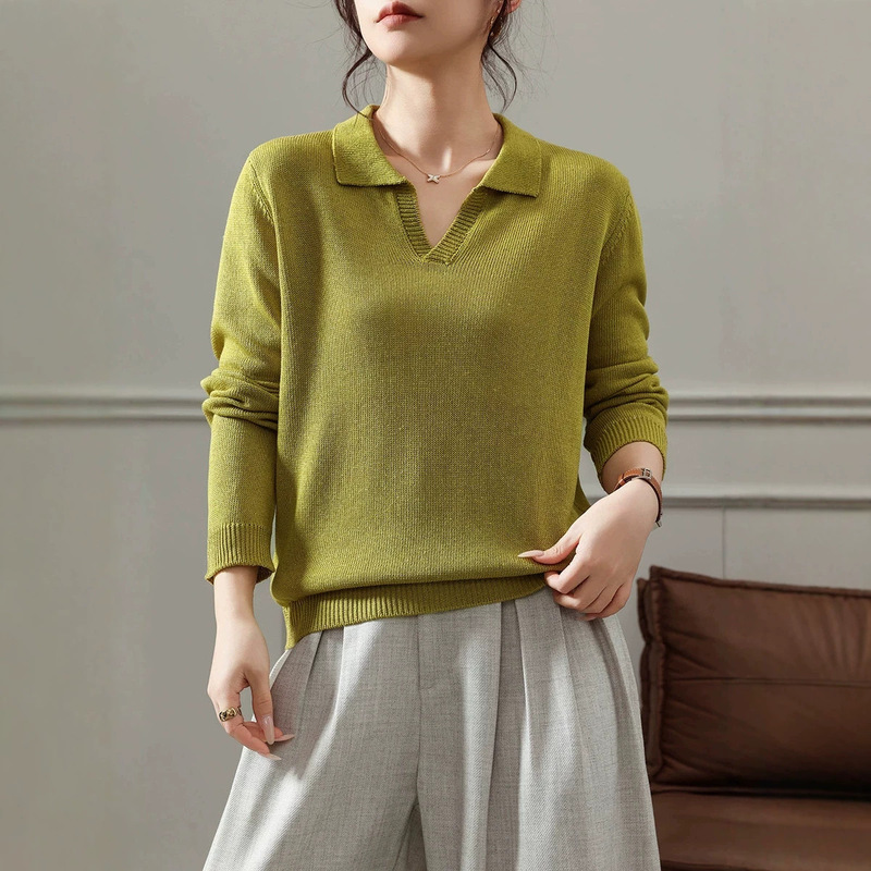 Spring and Summer New Style Polo Collar Linen Knitwear Women's Tencel Lightweight Breathable Top Loose Casual Long-Sleeved Bottoming Shirt Spring and Summer New Style Polo Collar Linen Knitwear Women's Tencel Lightweight Breathable Top Loose Casual Long-Sleeved Bottoming Shirt