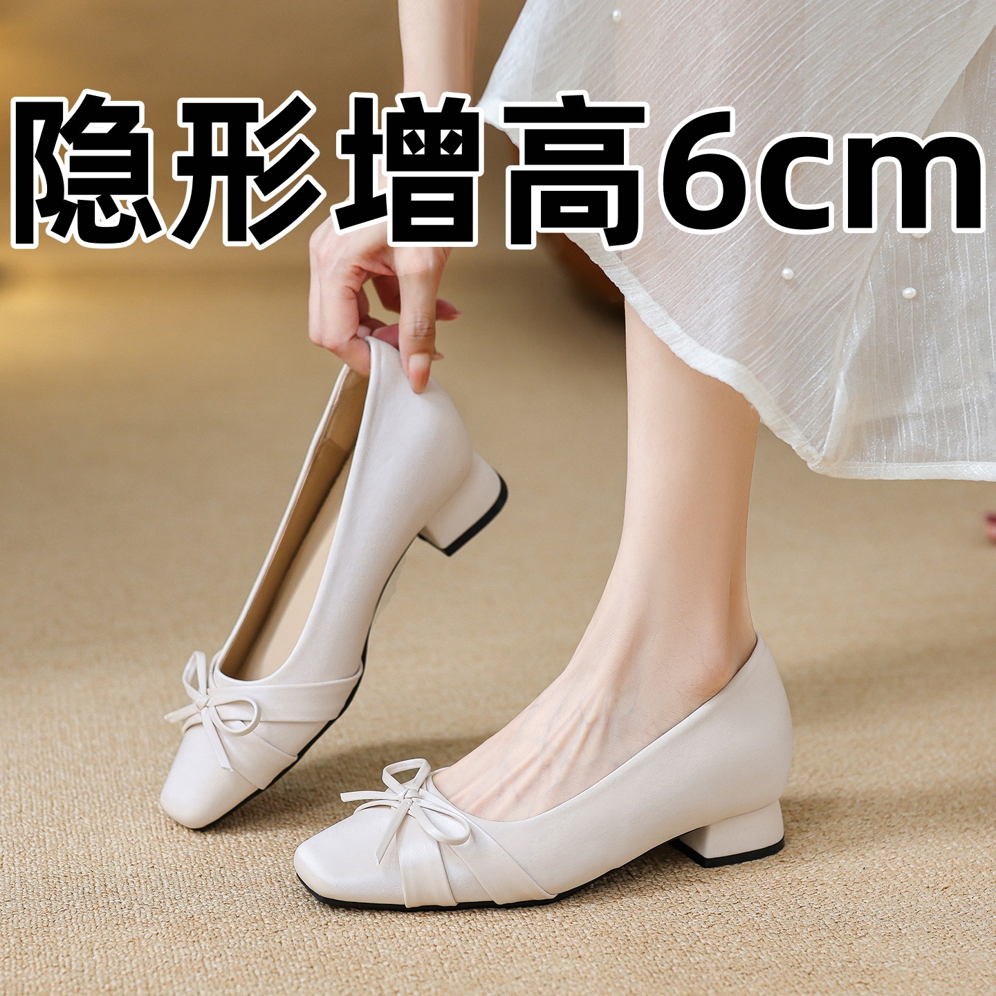 Evening bow French Korean style satin Chanel-inspired chunky heel women's shoes, new evening dress shoes, 2026