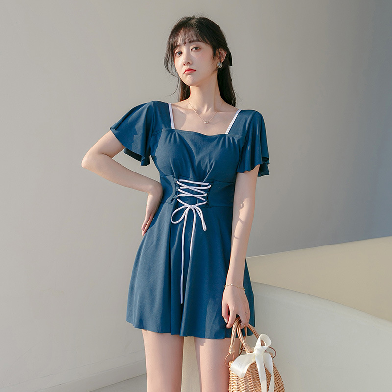 Traje de baño de talla grande chica gordita de las mujeres adelgazamiento traje de baño adelgazante color sólido vestido suelto de una pieza traje de baño de aguas termales