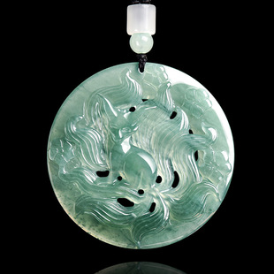 Authentic Natural A-Grade Jadeite Blue Water Fox Fairy Nine-Tailed Fox Pendant Ice Jade Men's Pendant Women's Jade Pendant