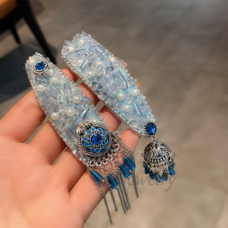 Jewel Blue ~ Healing Flash Diamond Pearl Famous Ethnic Style Fringe Fringe Edge Clip Female Personality Elegant Hairpin Hair Accessories
