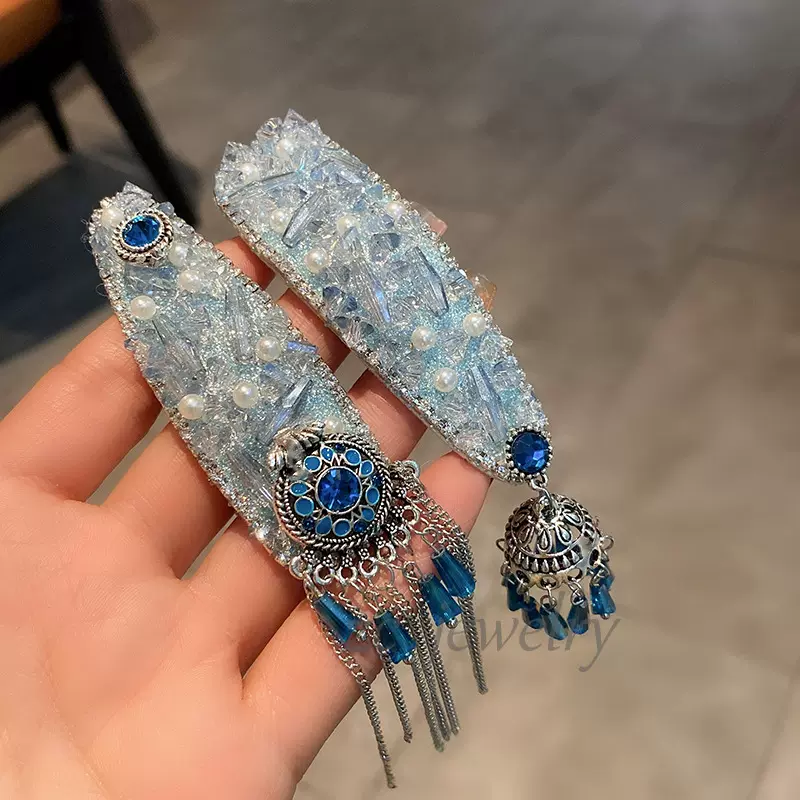 宝石蓝色~治愈系闪钻珍珠名族风前额流苏边夹女个性气质发卡发饰