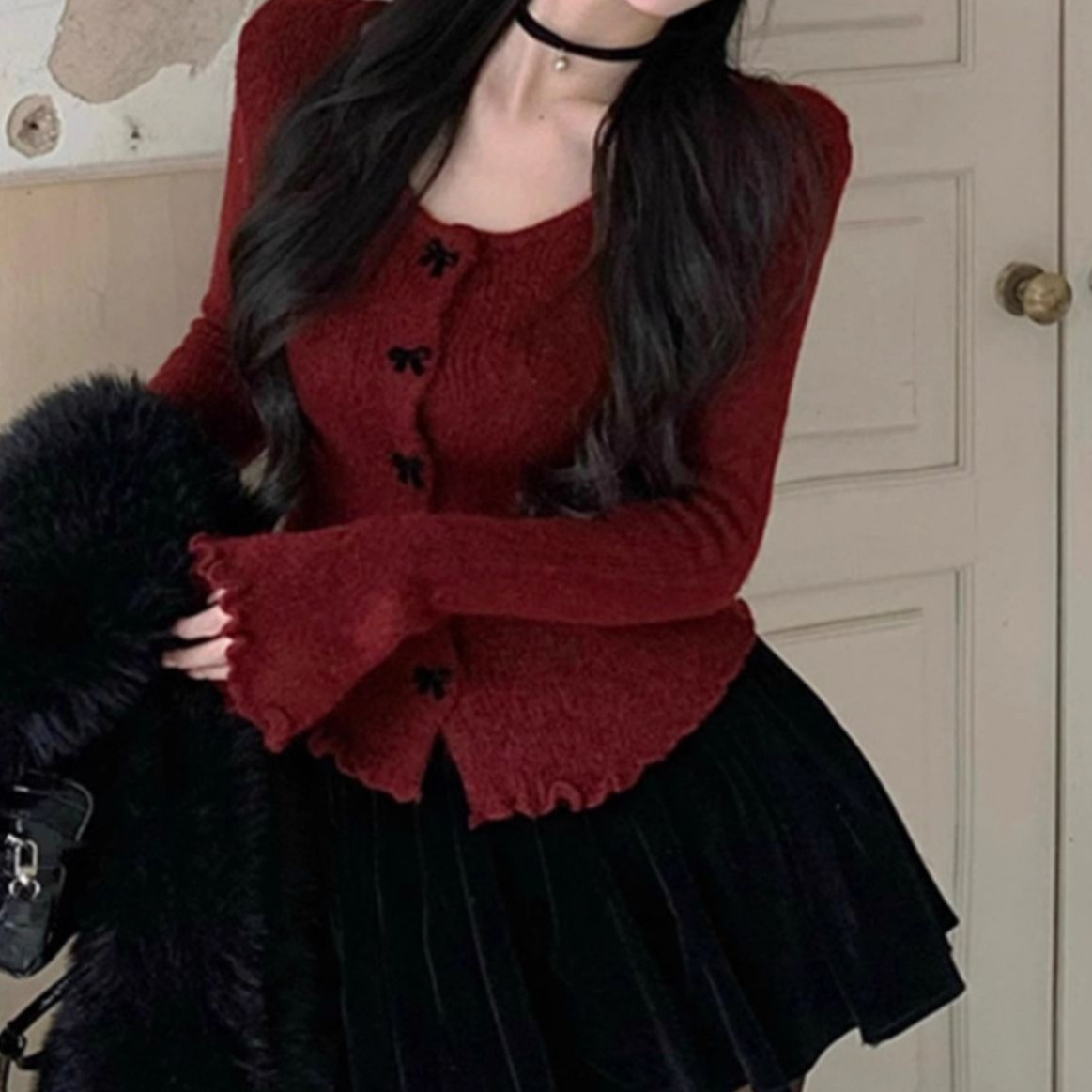 纯欲风辣妹开衫毛衣服女秋冬独特别致短款小个子蝴蝶结漂亮针织衫