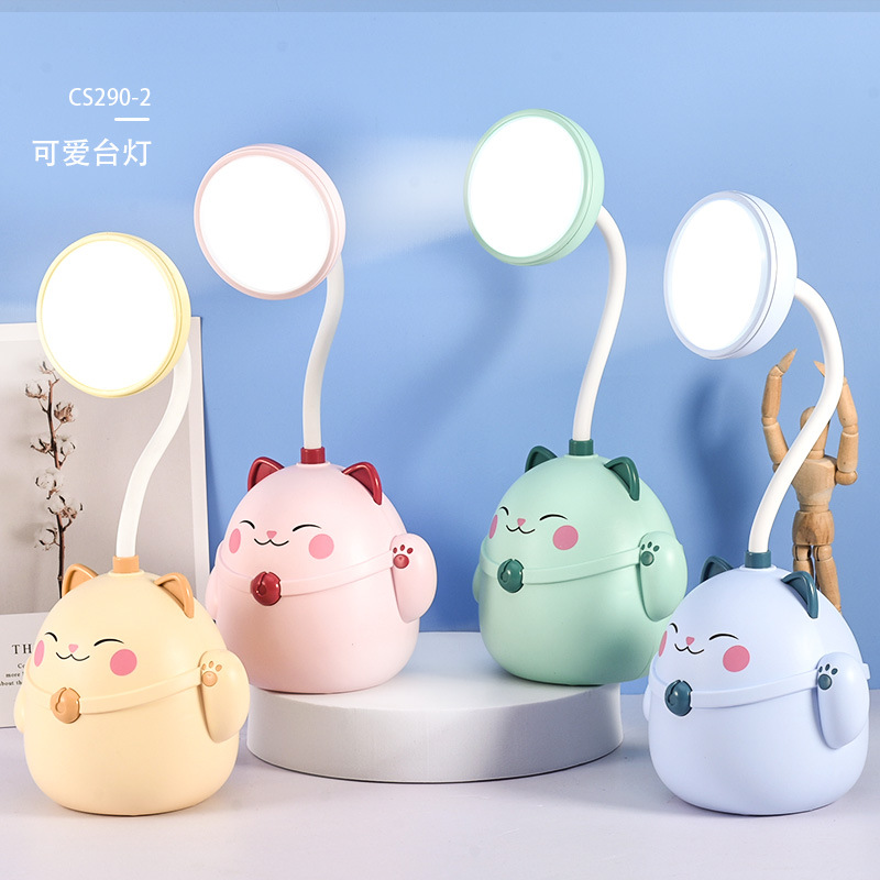 Lucky Cat pen holder lámpara de escritorio USB Led de lectura lámpara de protección para los ojos de dos engranajes ajustable manguera plegable lámpara de escritorio