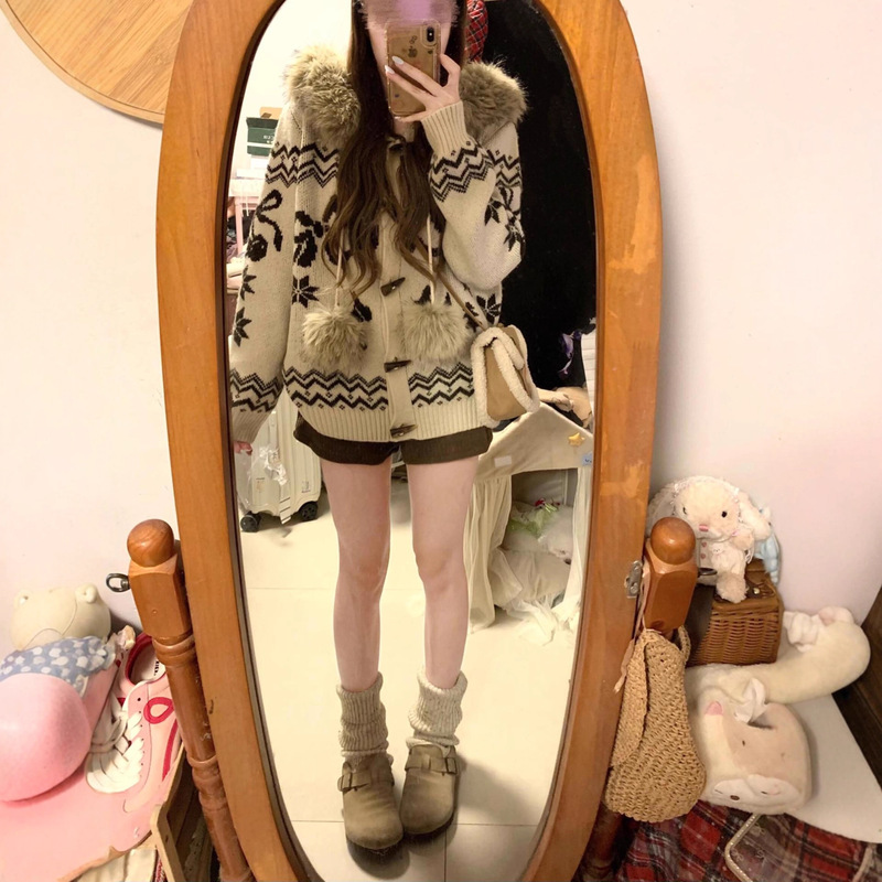 Fair Isle Coffee-Colored Hooded Cardigan with Fur Collar and Horn Buttons for Women, Winter Soft Knit Cardigan with an Atmospheric Feel