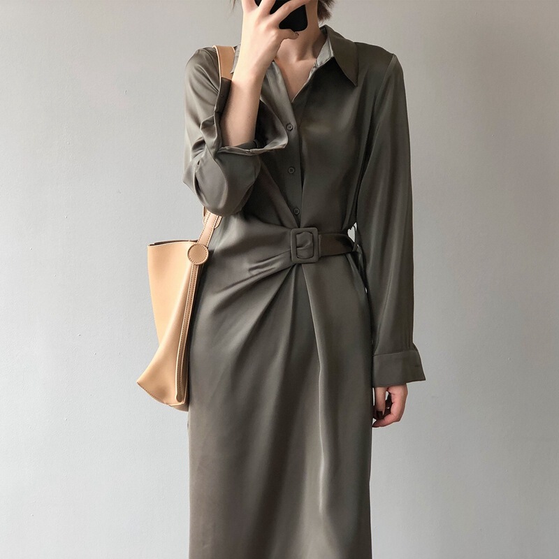 High-end Korean-style Satin Shirt Long Long-sleeved Dress Women's High-end Design Sense Niche Elegant Long Dress for Women