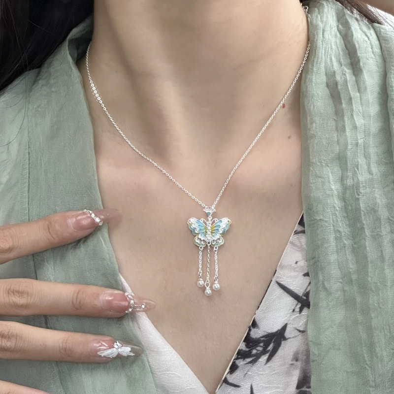 古法珐琅蝴蝶项链女2025新款潮轻奢新中式百搭青蝴蝶锁骨链|undefined