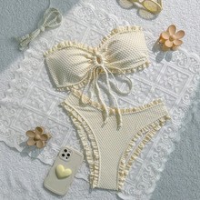 新款欧美泳衣女性感复古荷叶边bikini分体系带比基尼跨境泳衣女