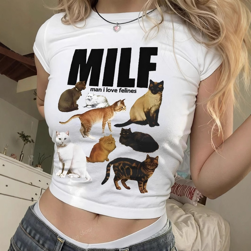 Cross-Border Amazon Summer Hot Item Y2K Kitten Print Slim Fit Sexy Hot Girl Crop Top Short-Sleeved T-Shirt Women's Top