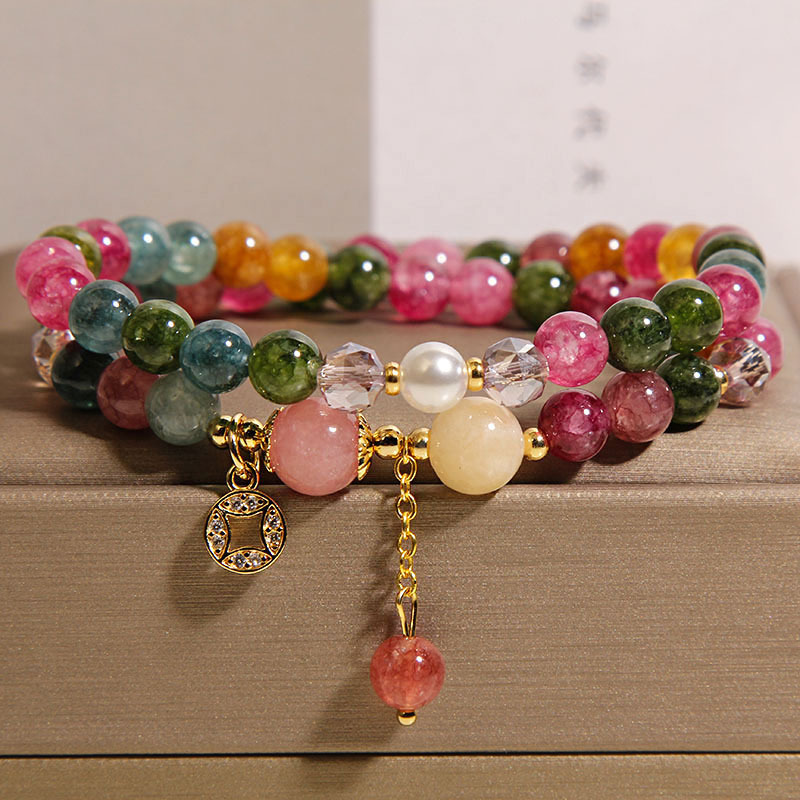 Nueva pulsera de doble círculo de turmalina de color chino para mujer, lujo ligero, nicho, sentido de alta gama, brazalete de transferencia de suerte, regalo de novia