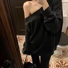 韩版学生小个子斜肩圆领卫衣女小众特色露肩无帽上衣大领口极简酷